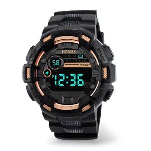 NEW - DIGITAL SPORTS WATCH BLK/ROSEGOLD - BATTERY POWERED ADJUSTABLE BAND